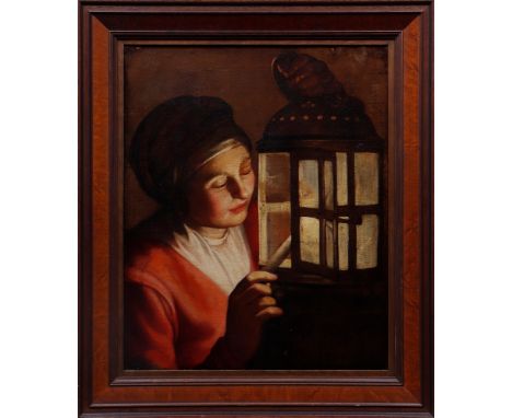 Junge Frau mit Haube eine Laterne anzündend, wohl 18.Jh. unbekannter Künstler, Öl auf Leinwand/doubliert, o.l. unl. sign. "CH