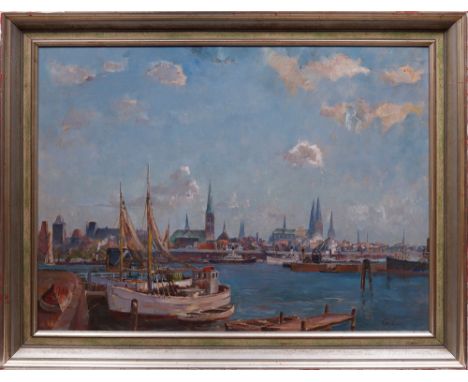 Wilhelm Schodde (1883, Altona - 1951, Lübeck) Blick auf Lübeck, im Vordergrund Fischerboote, Öl auf Platte, u.r. "Wilh. Schod