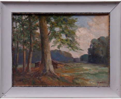 Ida Giesecke (1866, Ratzeburg - 1931, Leipzig) Waldlichtung unter wolkigem Himmel, Öl auf Platte, u.r. sign. "I. Giesecke", c
