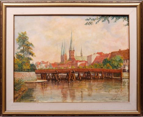 Egon Henkel (norddeutscher Künstler d. 20.Jhdts.) Blick über die Lübecker Dankwartsbrücke auf die Marien- und Petrikirche, u.