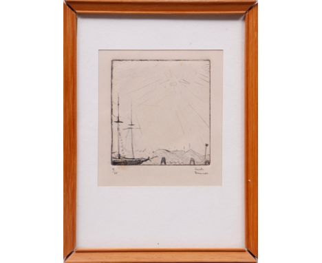 Erich Dummer (1889, Lübeck - 1929, ebda.) sonnige Küstenszene, u.r. sign., Ex. 9/10, ca. 8x7,5cm, gerahmt (ca. 19x14,5cm), Ra