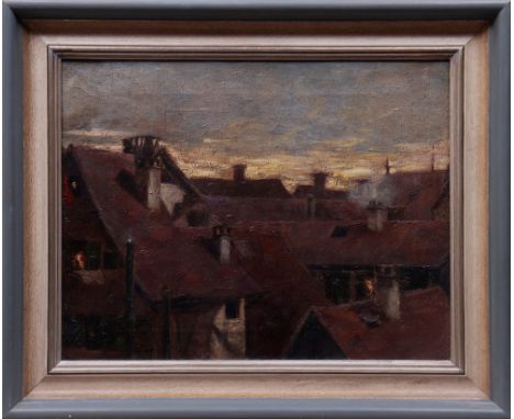 Blick über Häuserdächer in der Dämmerung anonym, Öl auf Leinwand, verso bez. "Kuhnert", ca. 38x48cm, gerahmt (ca. 49,5x60cm),