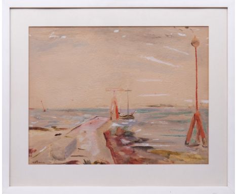 Erich Dummer (1889, Lübeck - 1929, ebda.) Anleger mit Boot, Aquarell auf Papier, u.l. sign., 48x63cm (Blattmaß) gerahmt (ca. 