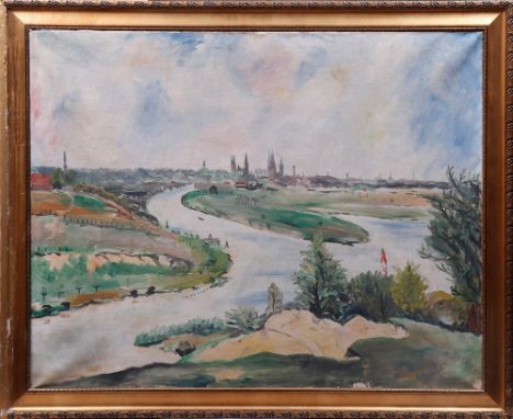 Lübeckpanorama (wohl von der Teerhofinsel aus) anonym, Öl auf Leinwand, unsign., wohl Mitte 20.Jhdt., ca. 76x96cm, gerahmt (c
