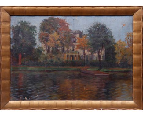 Herbstlicher Blick auf eine Villa am Kanal anonym, 1.H.20.Jhdt., Öl auf Malpappe, unsign., ca. 37x51,5cm, gerahmt (ca. 42x57c