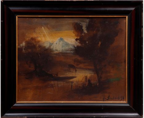 Franz von Lenbach (1836, Schrobenhausen - 1904, München) Landschaftsstudie mit Gebirge und äsendem Reh, 1892, Öl auf Pappe, u