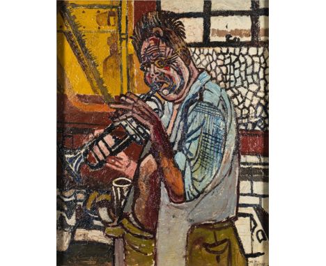 * John Randall Bratby [1928-1992] - Self-portrait playing the trumpet in the scullery, Chiswick,:- signed and dated John Brat