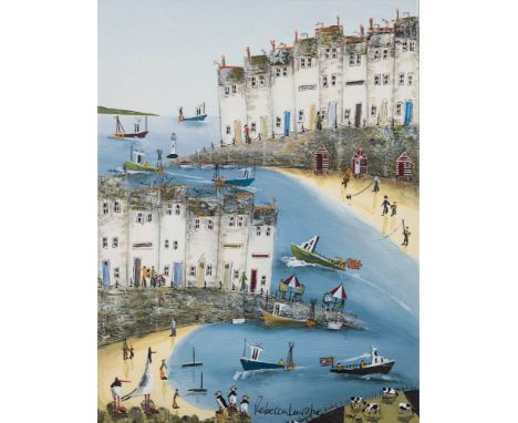 * Rebecca Lardner [b.1971]-Town beach,:-print on canvas, numbered 106/19537 x 28cm, in a floating frame,together with two Reb
