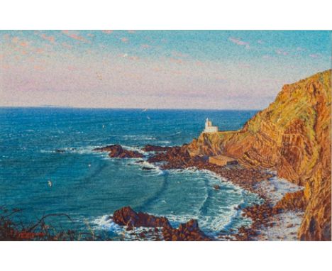 * Steven Thor Johanneson [b.1948]-The Turn of The Tide at Hartland Light, Gulls Rising off Blagdon Cliff with Lundy Beyond,:-