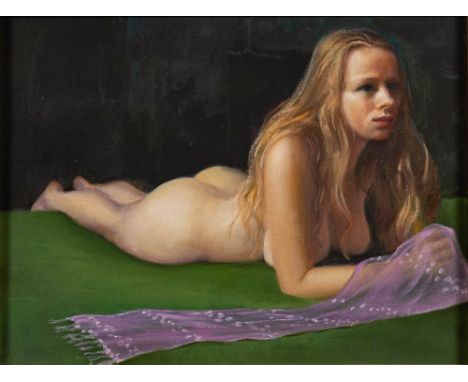 * Piran Bishop [b.1961]-Reclining nude with pink scarf,:-signed on the reverseoil on canvas, 30 x 40cm.