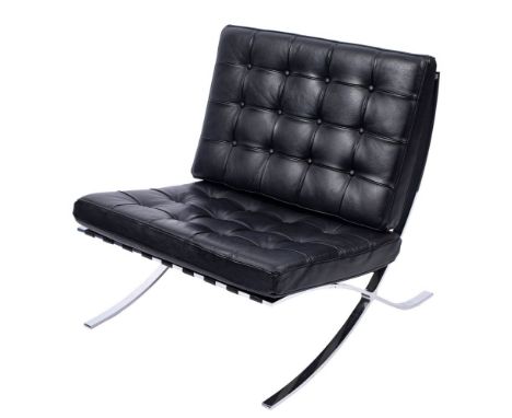 After Ludwig Mies Van Der Rhoe &amp; Lilly Reich, a contemporary Italian 'Barcelona' chair, the polished steel cross frame wi