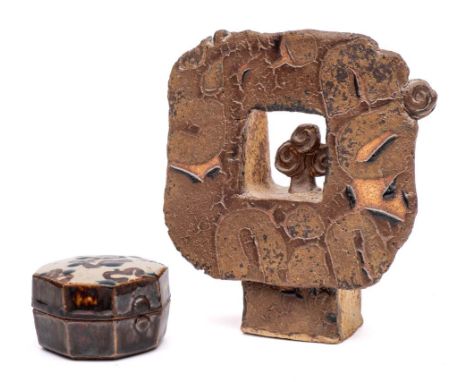 *John Maltby [1936-2021] two items of stoneware: comprising a sculpture with brown wax resist decoration  and a small octagon