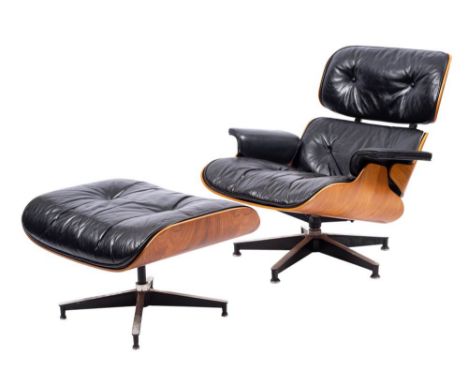 Charles & Ray Eames for Herman Miller, a model 670 lounge chair and model 671 ottoman:  laminated rosewood veneer with black 