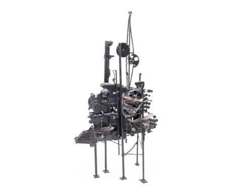 * Walenty Pytel [Polish b.1941]- Wife's Typewriter,:- metal and steel sculpture raised on five slender legs, brass plate sign