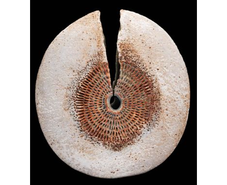 *Alan Wallwork [1931-2019] a stoneware vessel: of discus shaped form with central piecing and fissure surrounded by indented 