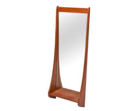 A G-Plan teak wall mirror: the beveled rectangular plate in a swept frame with open shelf beneath, 107cm x 40cm.