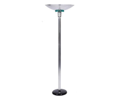 A 20th Century Art Deco aluminium floor lamp: the circular uplight shade over three glass rings, raised on a reeded column an