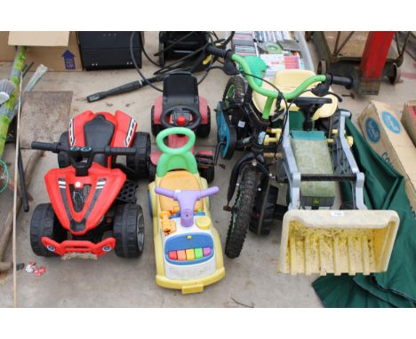 AN ASSORTMENT OF CHILDRENS TOYS TO INCLUDE A JOHN DEERE PEDAL TRACTOR, AN ELECTRIC QUAD BIKE AND A CHILDS BIKE ETC 