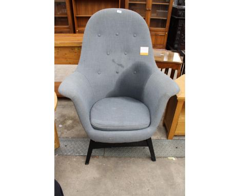 A GREY HIGH BUTTON-BACK IKEA STYLE EASY CHAIR ON BLACK PAINTED LEGS 