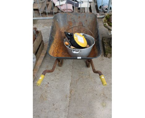 AN ASSORTMENT OF ITEMS TO INCLUDE A WHEEL BARROW, A JAM PAN AND HAND TOOLS ETC 