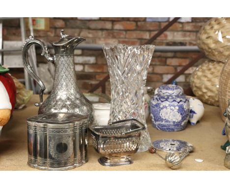 A SILVER PLATED LIDDED JUG, TEA CADDY AND BASKET BOWL, PLUS A LARGE CUT GLASS VASE AND THREE PIECES OF FLATWARE 