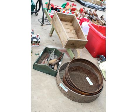 AN ASSORTMENT OF ITEMS TO INCLUDE A WOODEN WHEEL BARROW AND GARDEN TOOLS ETC 