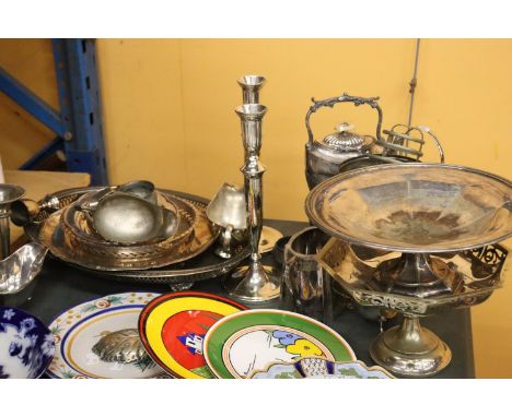 A LARGE COLLECTION OF SILVER PLATE ITEMS TO INCLUDE TRAYS, CANDLESTICK HOLDERS ETC 