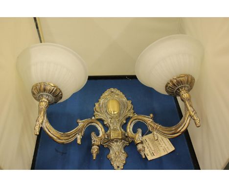 AN OBEROQ BROTHERS MAJESTIC TWO LIGHT WALL BRACKET WITH WHITE GLASS SHADES 