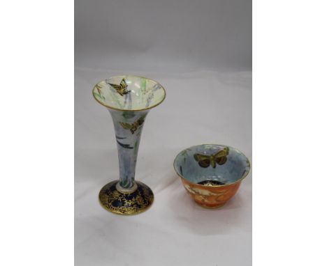 TWO PIECES OF VINTAGE AYNSLEY LUSTREWARE WITH BUTTERFLY DESIGN, TO INCLUDE A VASE, HEIGHT 18CM AND A BOWL, DIAMETER 11CM, BOW