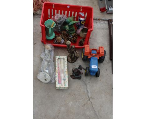 AN ASSORTMENT OF ITEMS TO INCLUDE A TRACTOR, A BRASS GOBLET AND DRAGON FIGURES 