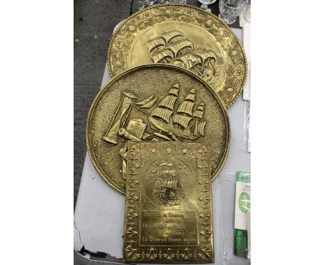 TWO LARGE BRASS VINTAGE WALL PLAQUES WITH SHIP DECORATION, DIAMETER 36CM PLUS A RECTANGULAR WALL PLAQUE 