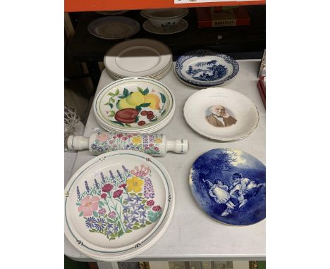 A QUANTITY OF PLATES TO INCLUDE THE NATIONAL TRUST WITH A ROLLING PIN, GLADSTONE MEMORIAL, BLUE AND WHITE,ETC 