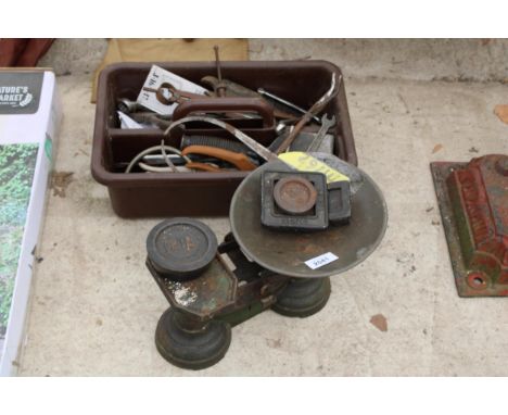 AN ASSORTMENT OF TOOLS TO INCLUDE CALIPERS, SPANNERS AND A SET OF SCALES AND WEIGHTS 