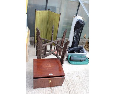 A TWO SECTION VINTAGE SCREEN, A WOODEN BOX AND A CARVED HARDWOOD TABLE BASE 