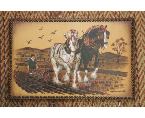 A VINTAGE SIGNED LEATHER SHIRE HORSE PRINT, 57CM X 37CM 