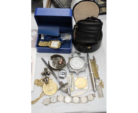 A MIXED LOT TO INCLUDE A BOXED ROTARY WATCH, A BRACELET MADE FROM SIXPENCES, COSTUME JEWELLERY, COINS, CUFFLINKS, ETC 