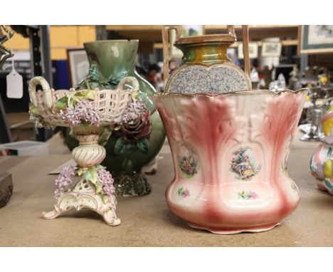 TWO LARGE VASES, A LARGE PLANTER AND A VINTAGE COMPORTWITH A MARK TO THE BASE 