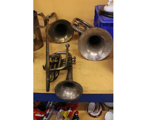 THREE VINTAGE MUSICAL INSTRUMENTS TO INCLUDE A CORNET, BARITONE TENOR HORN AND TROMBONE 