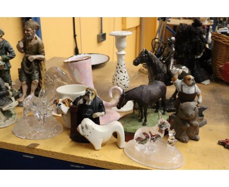 A MIXED LOT TO INCLUDE FIGURES, GLASSWARE, CANDLESTICK, VASE, ETC., 