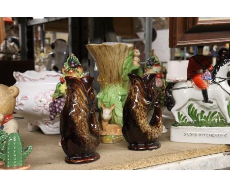A STAFFORDSHIRE STYLE FLATBACK OF LORD KITCHENER, TWO FISH GLUG JUGS, A PAIR OF CERAMIC FRUIT BOWLS, VASES AND A PLANTER 