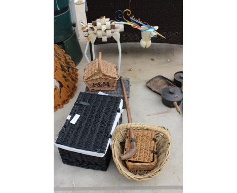 AN ASSORTMENT OF ITEMS TO INCLUDE WICKER BASKETS, A WALKING STICK AND A METAL FIGURE 