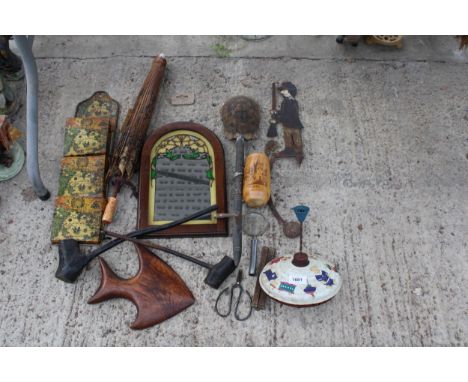 AN ASSORTMENT OF ITEMS TO INCLUDE A MIRROR, VINTAGE PARASOL AND A WOODEN FISH ETC 