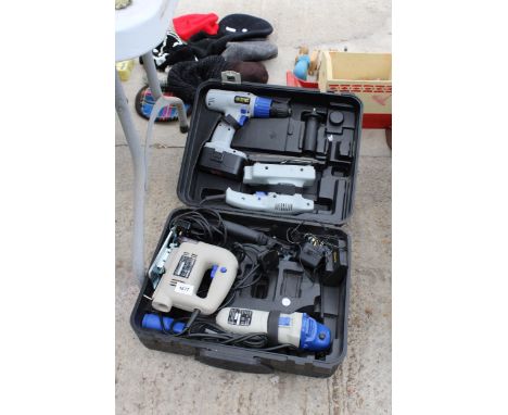 A CASED EINHELL POWER TOOL SET COMPRISING OF A JIGSAW, SANDER, DRILL AND GRINDER 