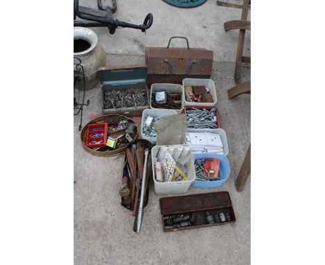 AN ASSORTMENT OF TOOLS AND HARDWARE TO INCLUDE SOCKETS, SPANNERS AND NUTS AND BOLTS ETC 
