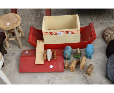 A VINTAGE WOODEN NOAHS ARK AND ANIMALS 
