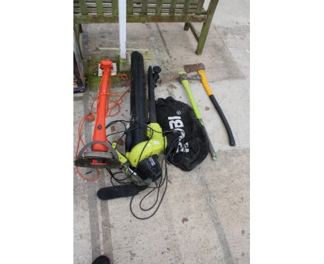 AN ELECTRIC FLYMO STRIMMER, A RYOBI LEAF VAC, A PICK AXE AND AN AXE 