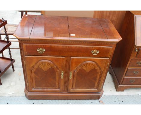 A MODERN HARDWOOD SIDEBOARD/BUFFET CABINET WITH FOLD-OVER TOP, SINGLE DRAWER AND TWO CUPBOARDS, 39" WIDE 