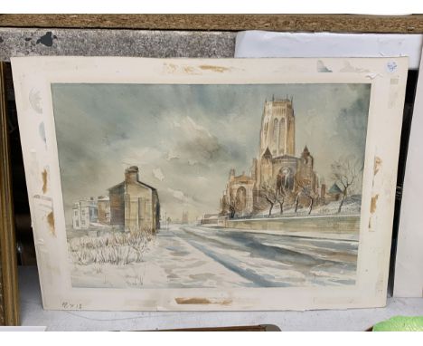 A WATERCOLOUR ON CARD OF LIVERPOOL ANGLICAN CHURCH ON ST JAMES ROAD, SIGNED BRIAN 'R' ENTWISTLE 