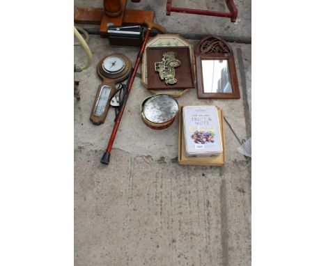 AN ASSORTMENT OF ITEMS TO INCLUDE A BAROMETER, MIRROR AND VINTAGE TINS ETC 