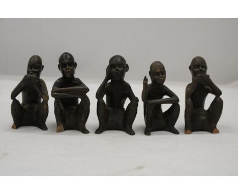 A COLLECTION OF FIVE VINTAGE WOODEN AFRICAN FIGURES 